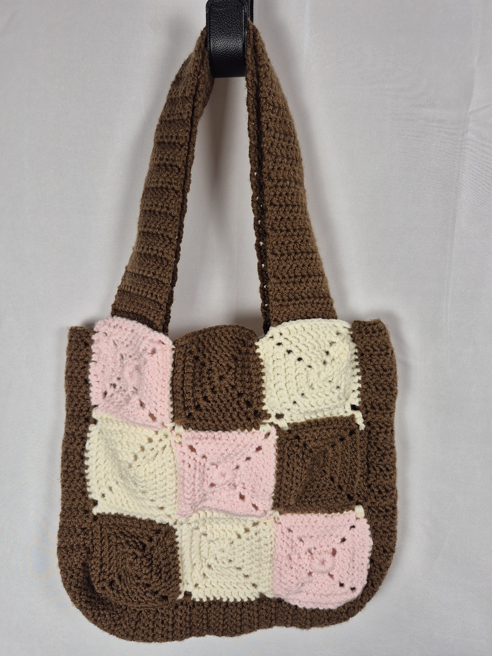 Source Unknown Brown Crochet Shoulder Bag with Pink and Cream Patchwork